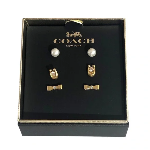 Coach Bow Earring 3 Pc Set Matching Goldtone Pearl Bow Box Set - Picture 9 of 13